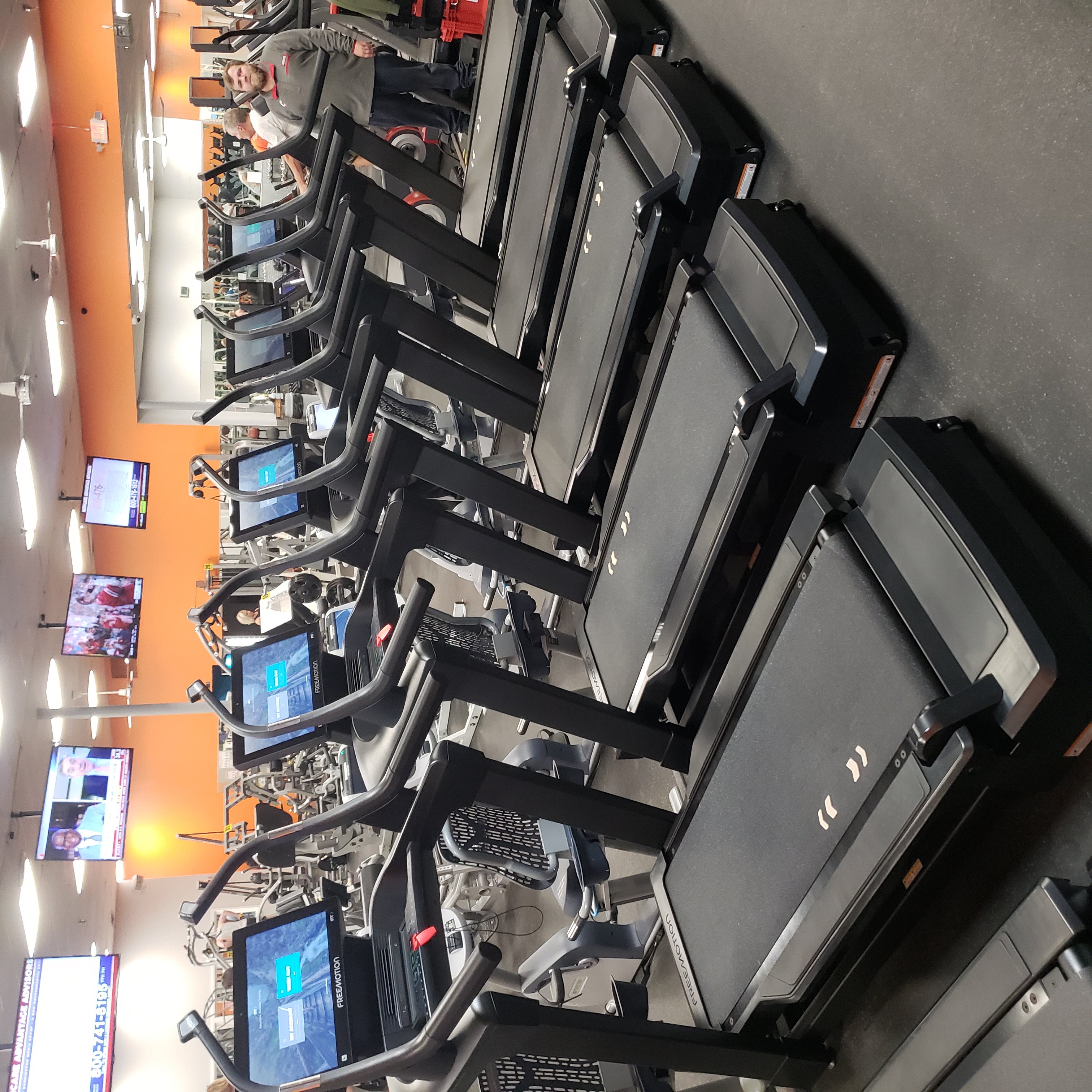 A row of treadmills in a gym